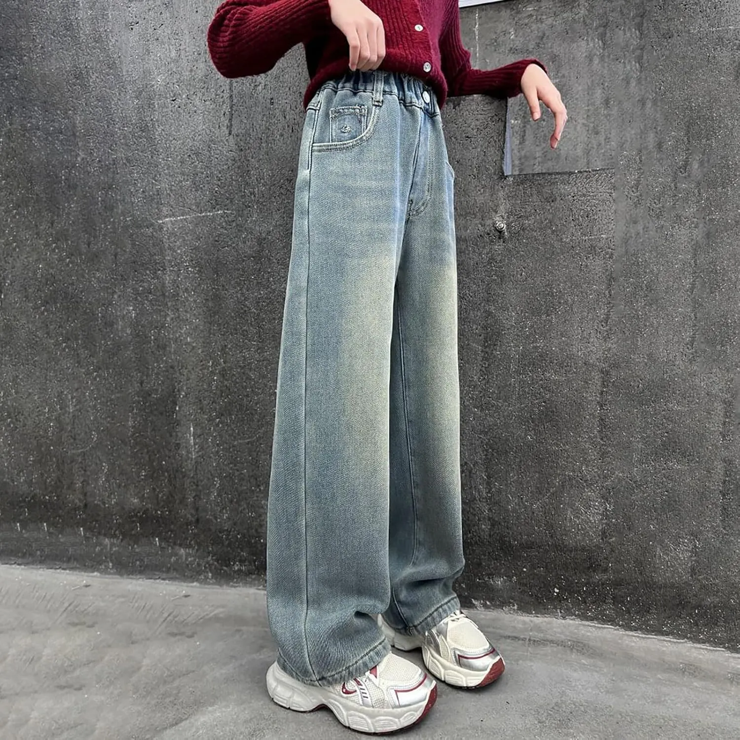 Girls Baggy Jeans Wide Leg High Elastic Waist Distressed Denim Pants Kids Casual Trouser with Pockets Streetwear Outfit
