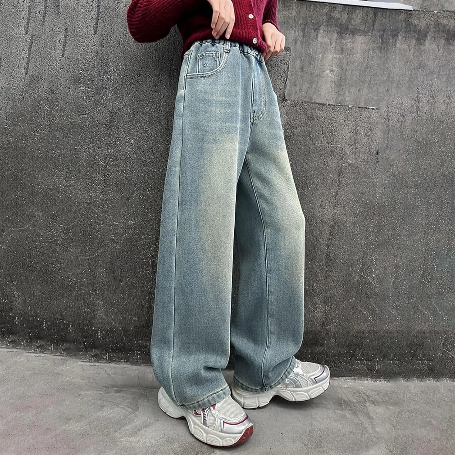 Girls Baggy Jeans Wide Leg High Elastic Waist Distressed Denim Pants Kids Casual Trouser with Pockets Streetwear Outfit
