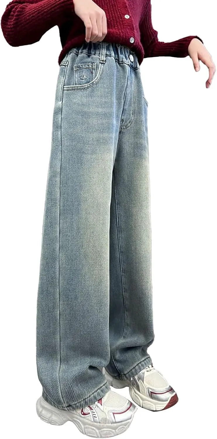 Girls Baggy Jeans Wide Leg High Elastic Waist Distressed Denim Pants Kids Casual Trouser with Pockets Streetwear Outfit