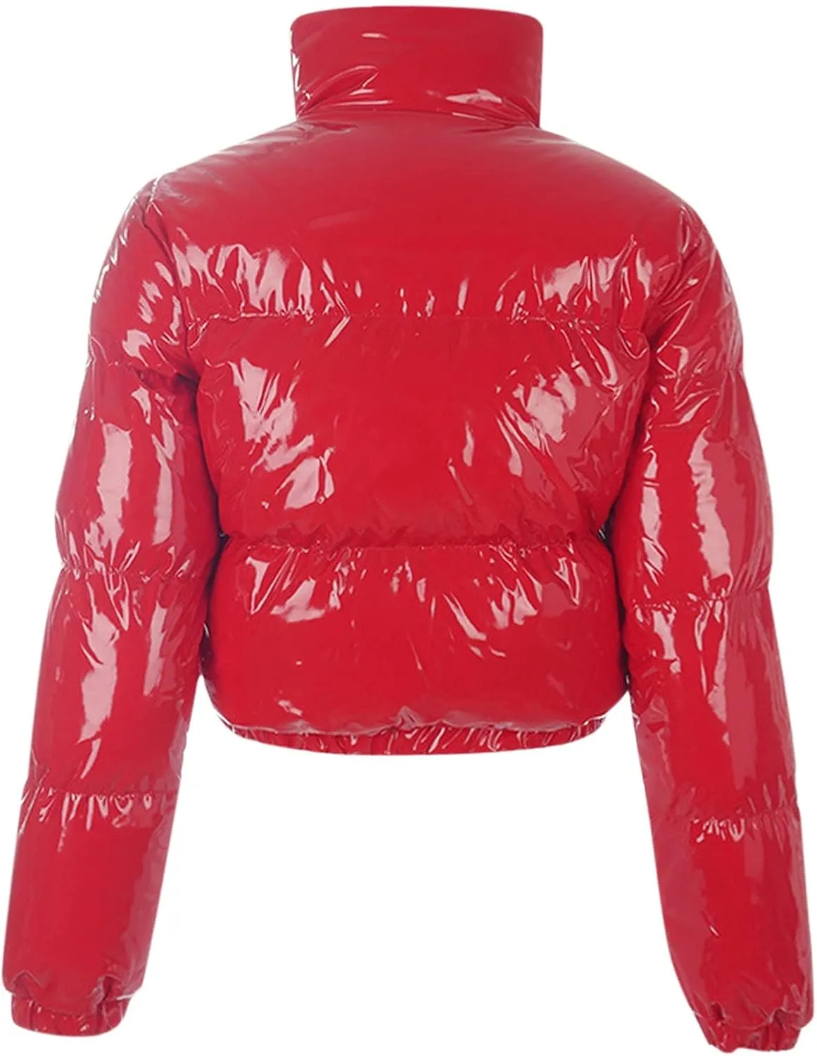 Glossy Black Cropped Puffer Jackets for Women Shiny Lightweight Quilted Down Coat for Stylish Warm Winter Outerwear