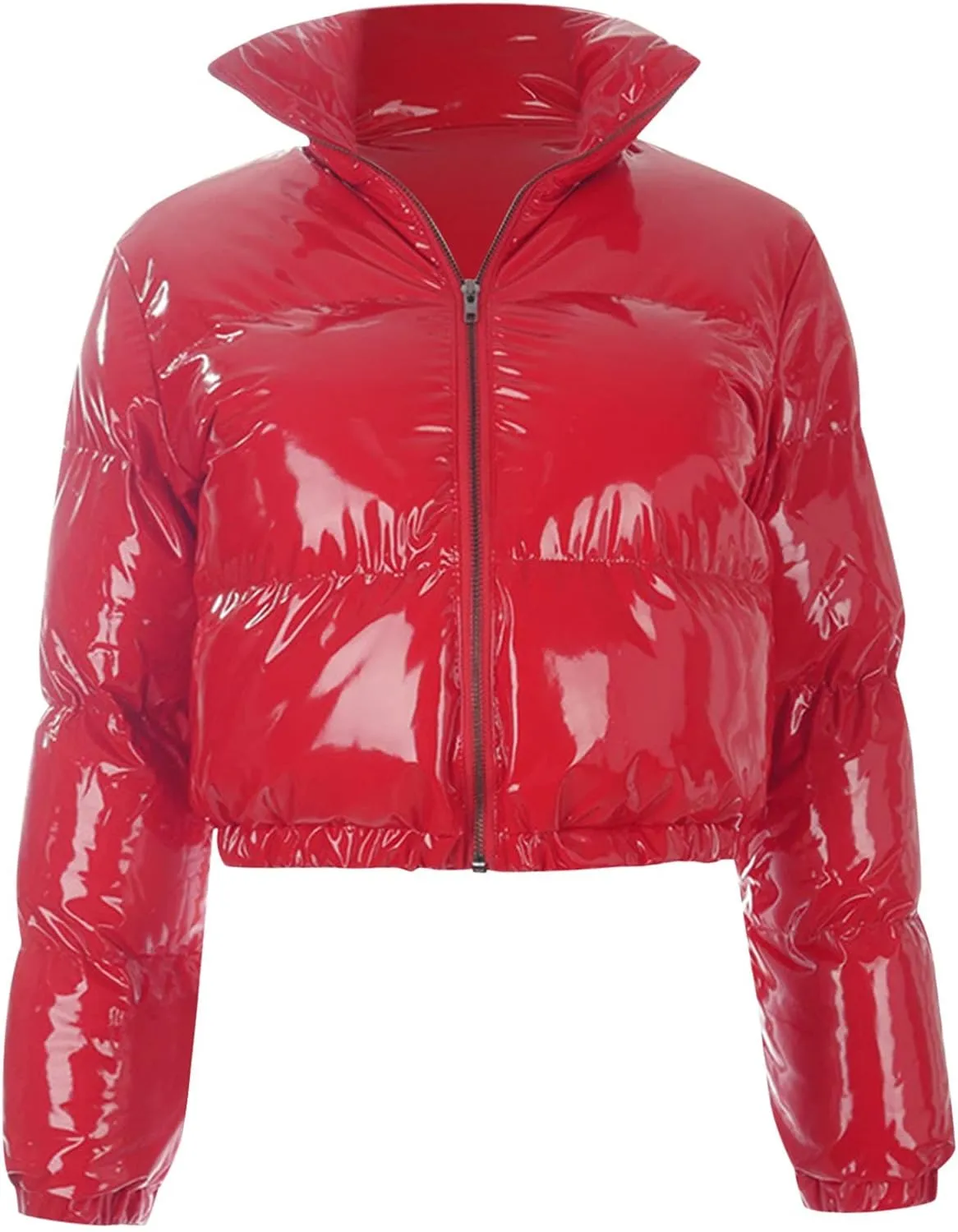 Glossy Black Cropped Puffer Jackets for Women Shiny Lightweight Quilted Down Coat for Stylish Warm Winter Outerwear