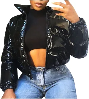 Glossy Black Cropped Puffer Jackets Women Shiny Lightweight Quilted Down Coat Stylish Warm Winter Outerwear