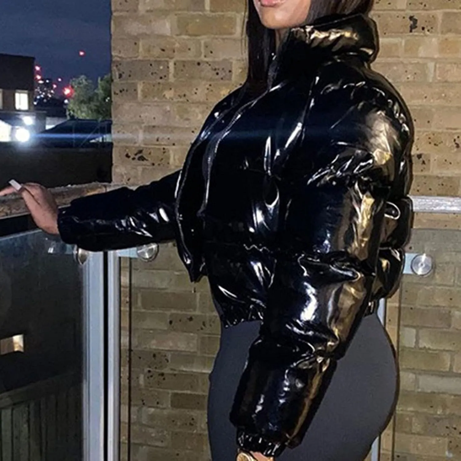 Glossy Black Cropped Puffer Jackets Women Shiny Lightweight Quilted Down Coat Stylish Warm Winter Outerwear
