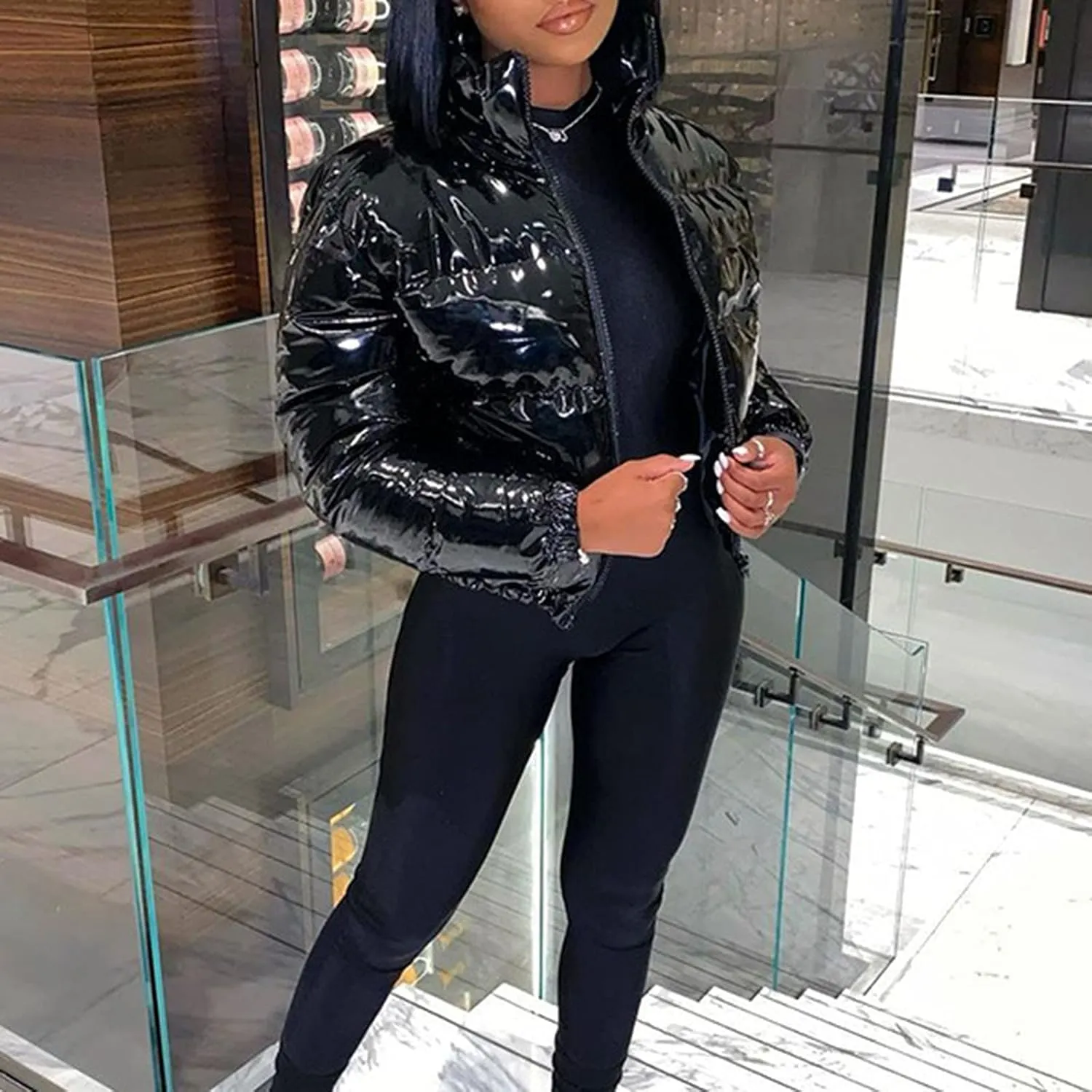 Glossy Black Cropped Puffer Jackets Women Shiny Lightweight Quilted Down Coat Stylish Warm Winter Outerwear