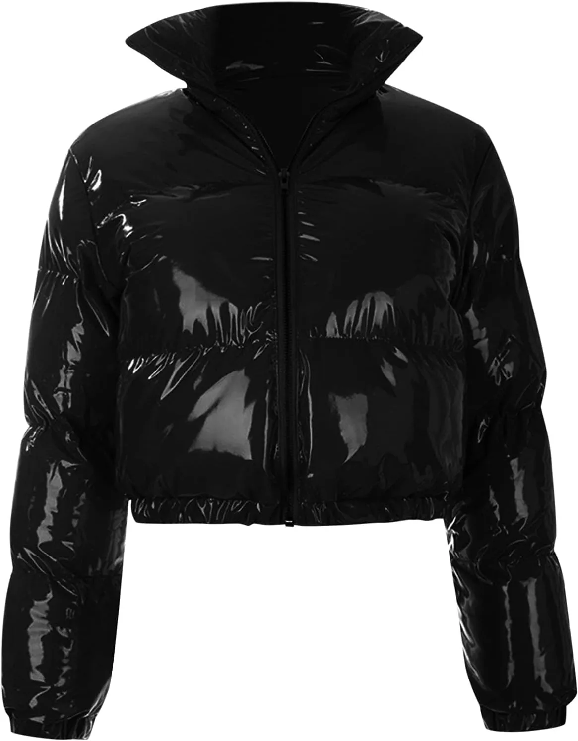 Glossy Black Cropped Puffer Jackets Women Shiny Lightweight Quilted Down Coat Stylish Warm Winter Outerwear