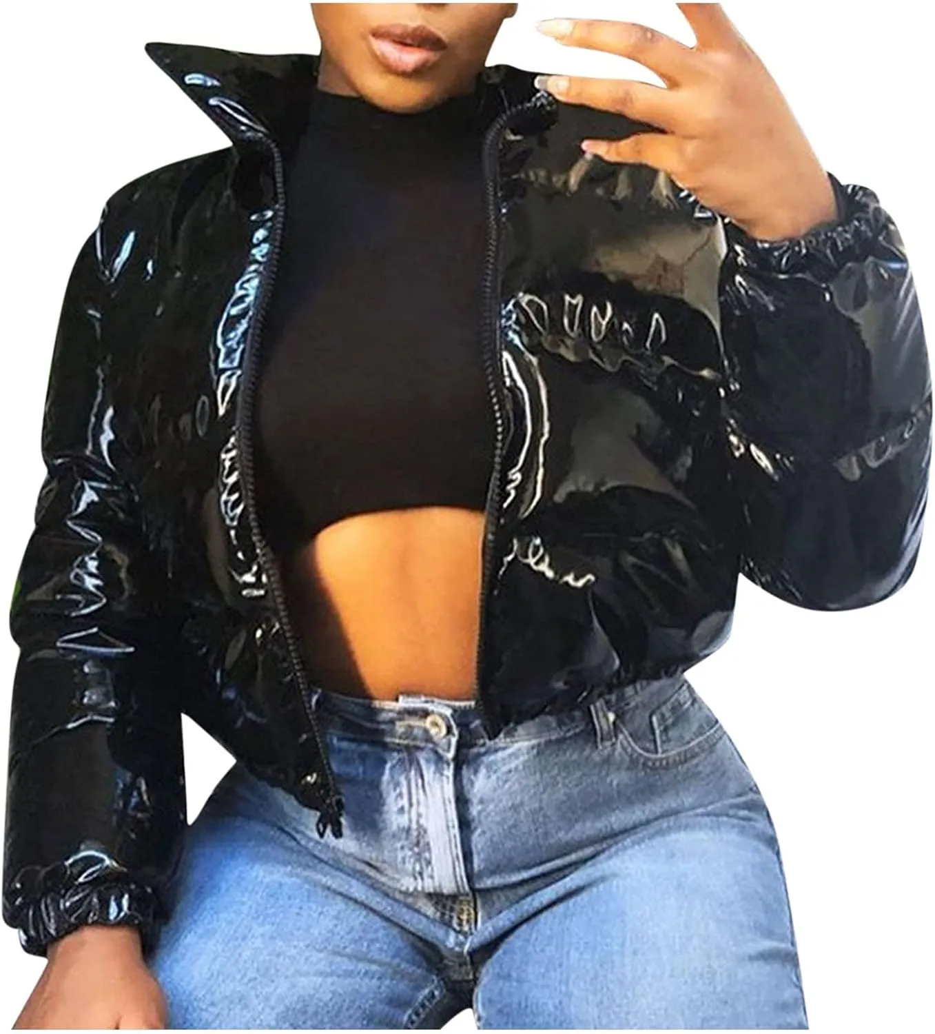 Glossy Black Cropped Puffer Jackets Women Shiny Lightweight Quilted Down Coat Stylish Warm Winter Outerwear