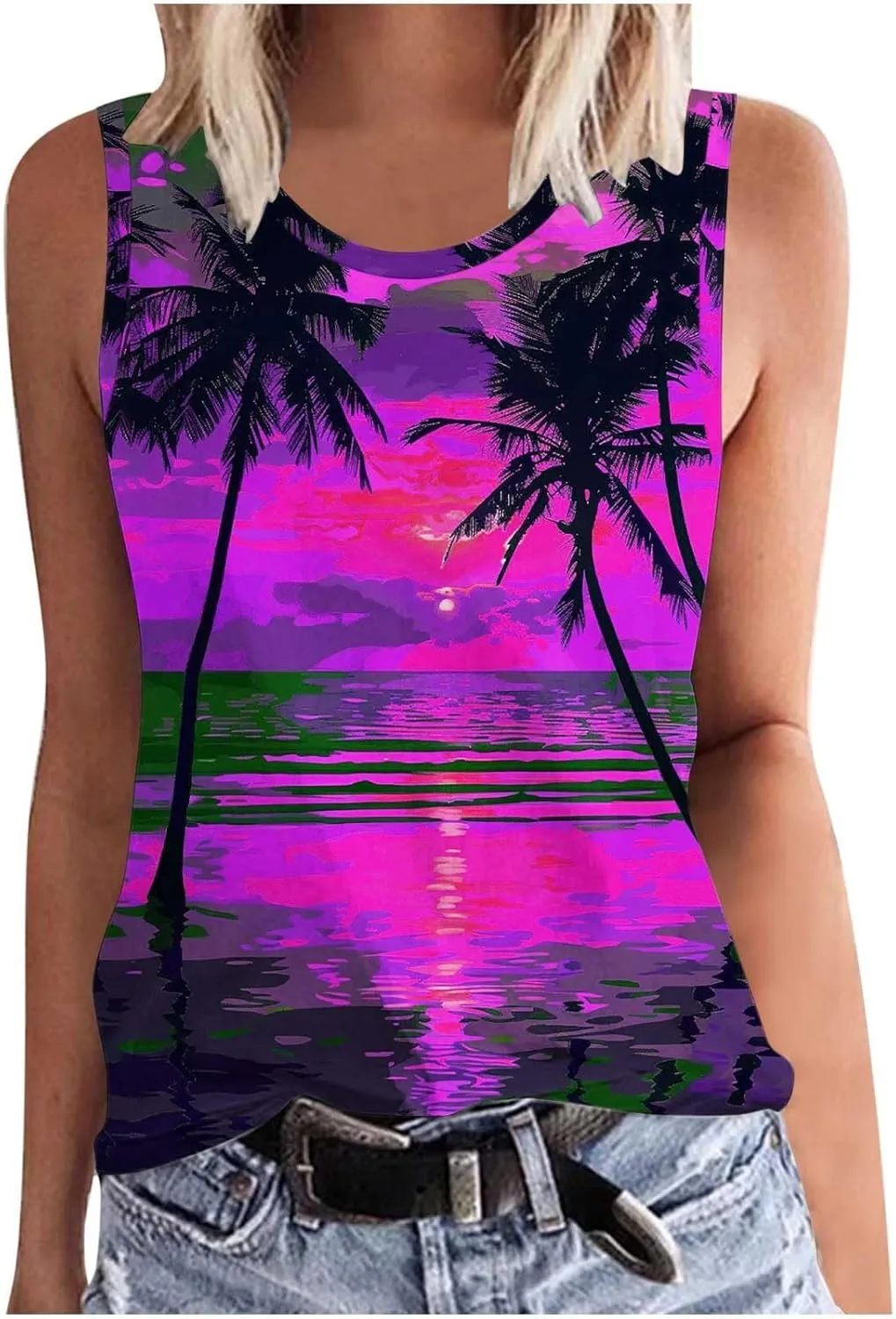 Graphic Tees for Women Fashion Print Tank Tops Trendy Casual Crew Neck Sleeveless Shirts Summer Loose Comfy Blouses