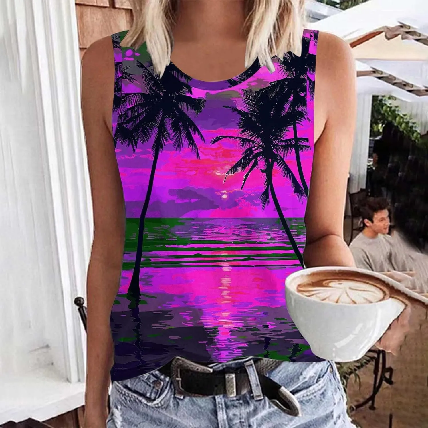 Graphic Tees for Women Fashion Print Tank Tops Trendy Casual Crew Neck Sleeveless Shirts Summer Loose Comfy Blouses