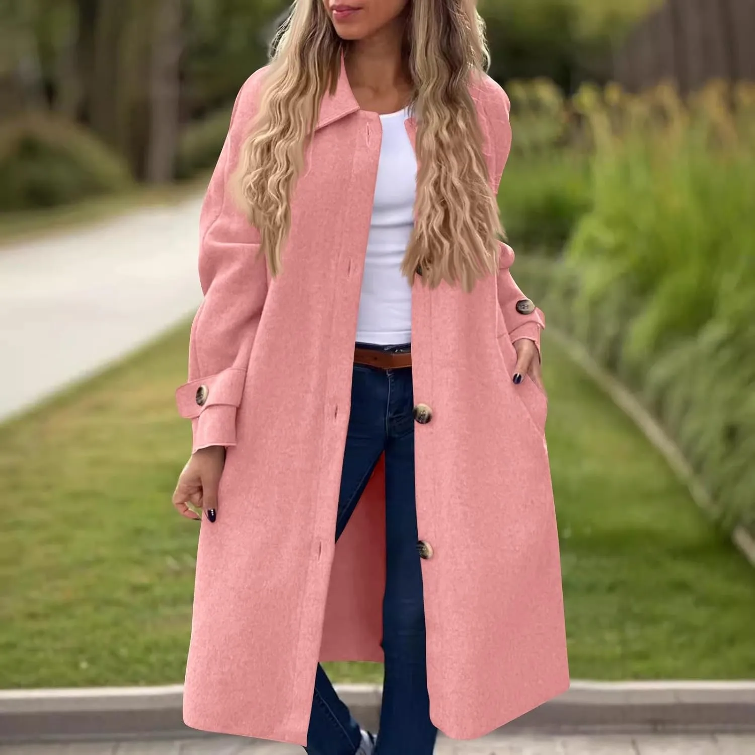 Gumipy Long Winter Coats for Women Plus Size Single Breasted Wool Coats Jackte Trendy Long Sleeve Pea Coats with Pockets