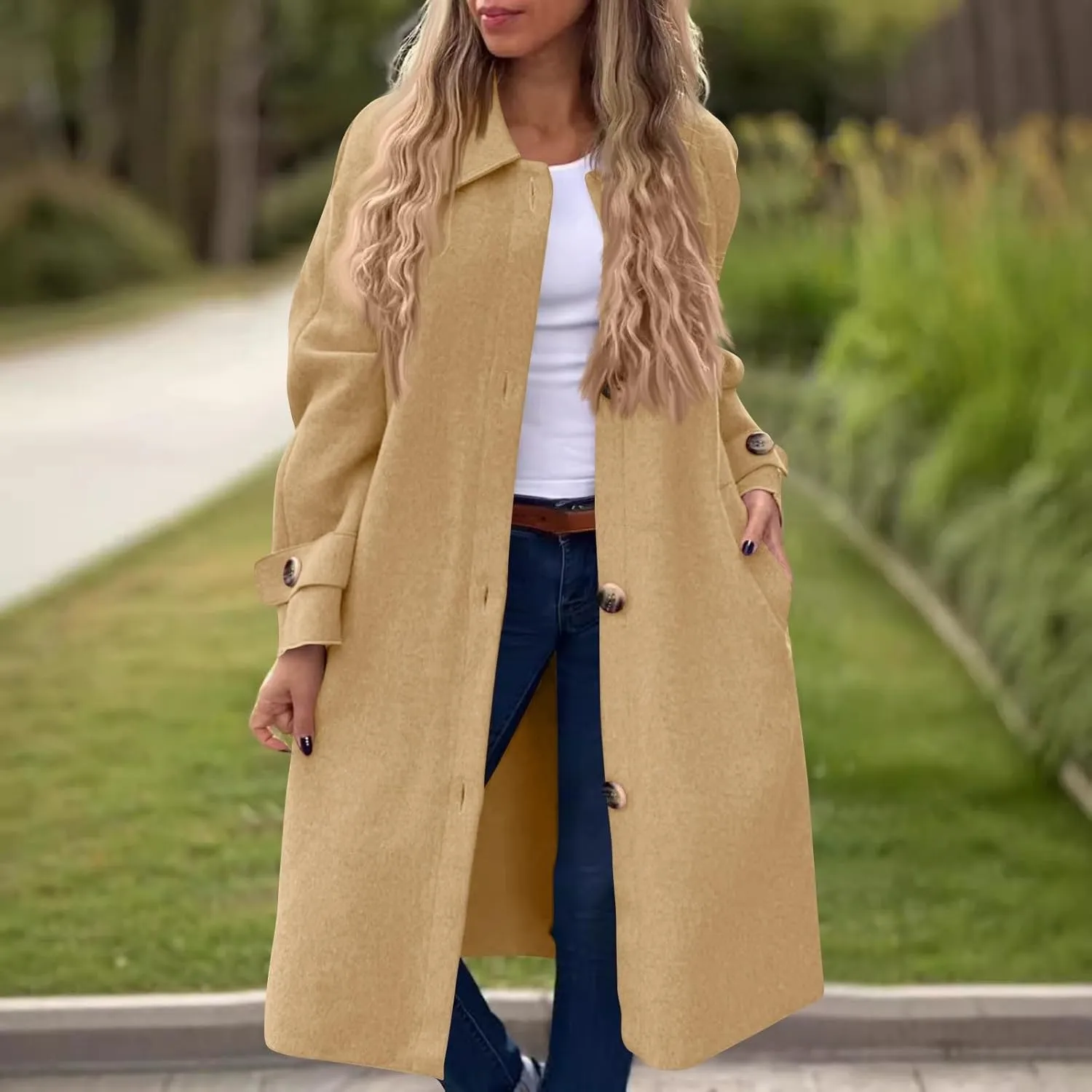 Gumipy Long Winter Coats for Women Plus Size Single Breasted Wool Coats Jackte Trendy Long Sleeve Pea Coats with Pockets