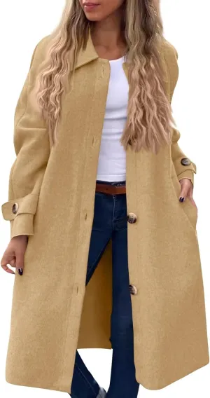 Gumipy Long Winter Coats for Women Plus Size Single Breasted Wool Coats Jackte Trendy Long Sleeve Pea Coats with Pockets