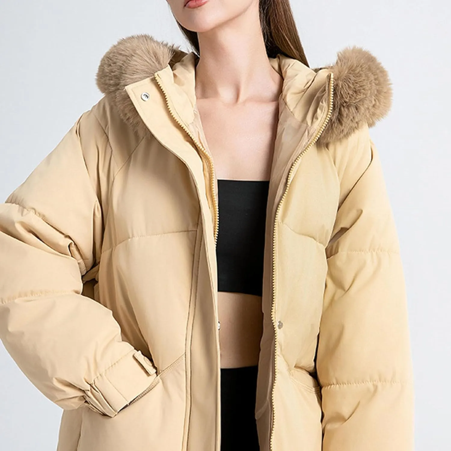 Heavyweight Long Down Jacket for Women Thicken Oversized Outerwear with Faux Fur Hood Winter Fashion Warm Puffer Coat