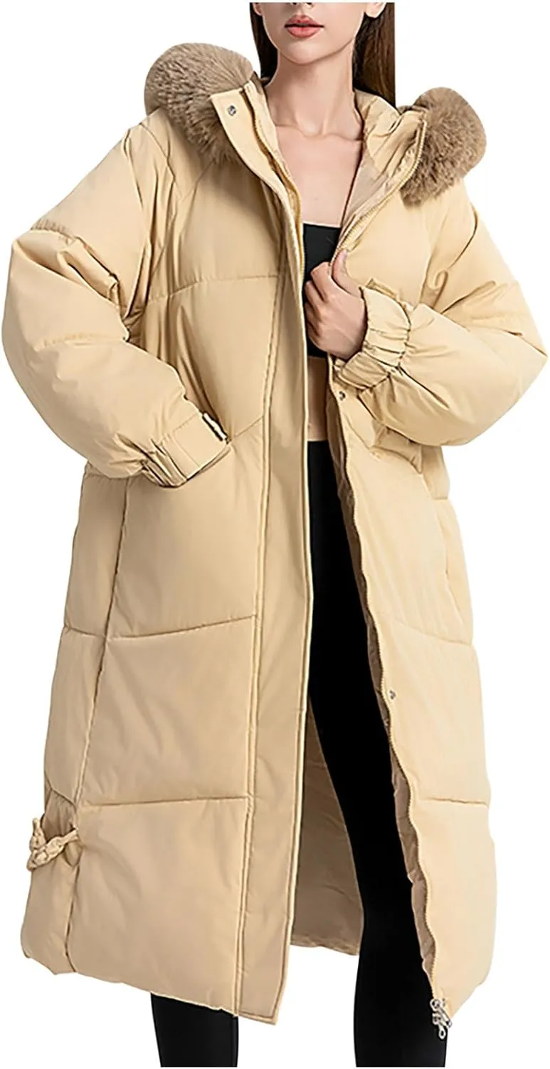 Heavyweight Long Down Jacket for Women Thicken Oversized Outerwear with Faux Fur Hood Winter Fashion Warm Puffer Coat
