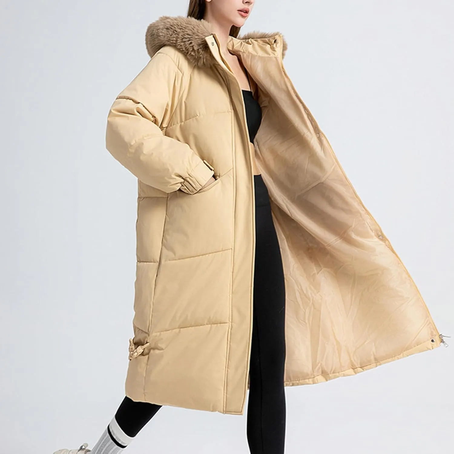 Heavyweight Long Down Jacket for Women Thicken Oversized Outerwear with Faux Fur Hood Winter Fashion Warm Puffer Coat