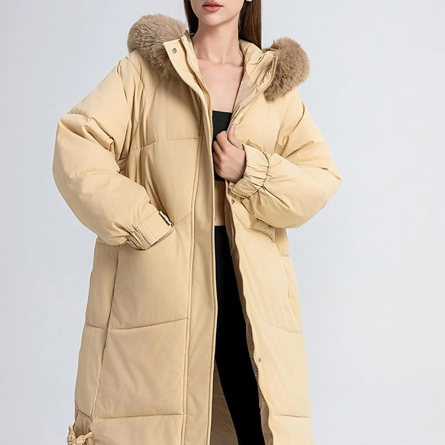 Heavyweight Long Down Jacket for Women Thicken Oversized Outerwear with Faux Fur Hood Winter Fashion Warm Puffer Coat