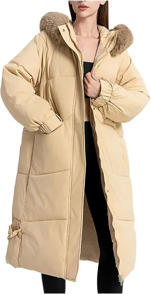 Heavyweight Long Down Jacket for Women Thicken Oversized Outerwear with Faux Fur Hood Winter Fashion Warm Puffer Coat
