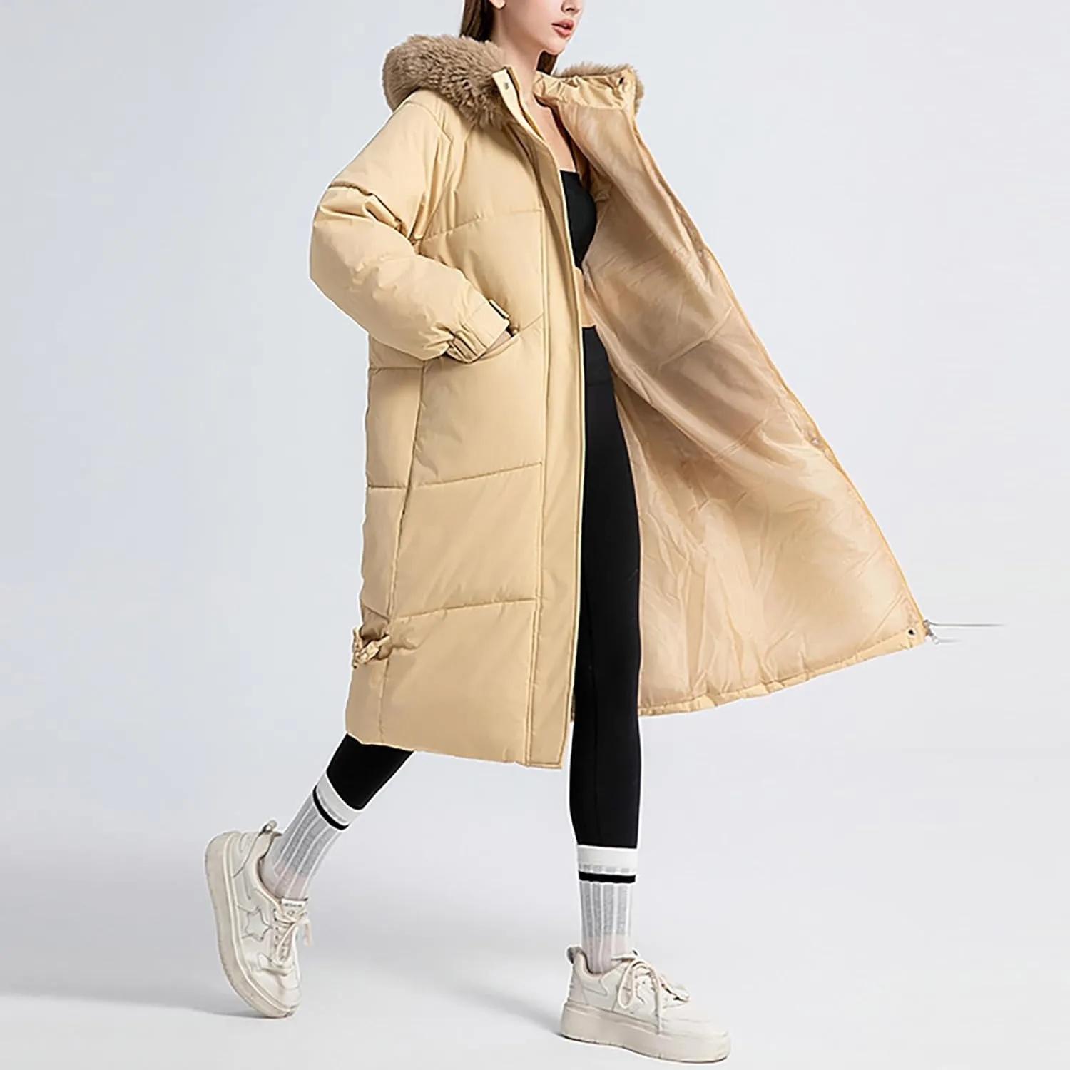 Heavyweight Long Down Jacket for Women Thicken Oversized Outerwear with Faux Fur Hood Winter Fashion Warm Puffer Coat