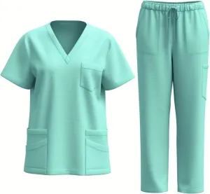 HGps8w Scrubs for Women Sets Nursing Uniform - Stretch V-Neck Top & Cargo Pants Short Sleeve Workwear with Pockets