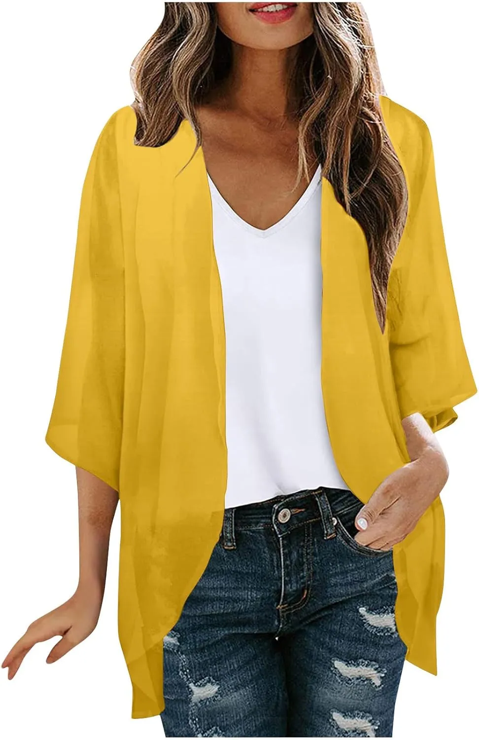 HGps8w Women's 3/4 Sleeve Kimono Cardigan Loose Summer Cover Up Lightweight Open-Front Sun Protection Blouse Tops