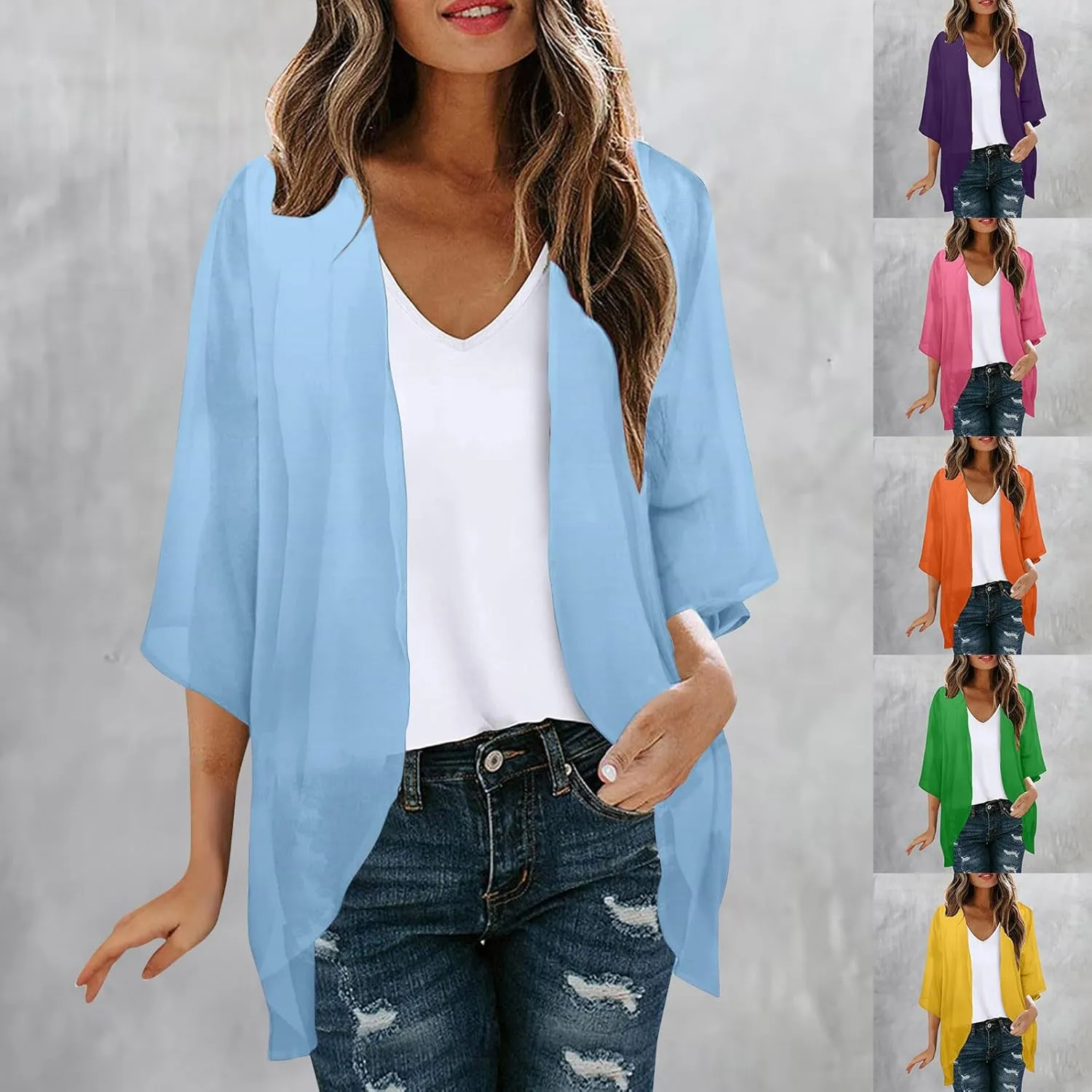 HGps8w Women's 3/4 Sleeve Kimono Cardigan Loose Summer Cover Up Lightweight Open-Front Sun Protection Blouse Tops