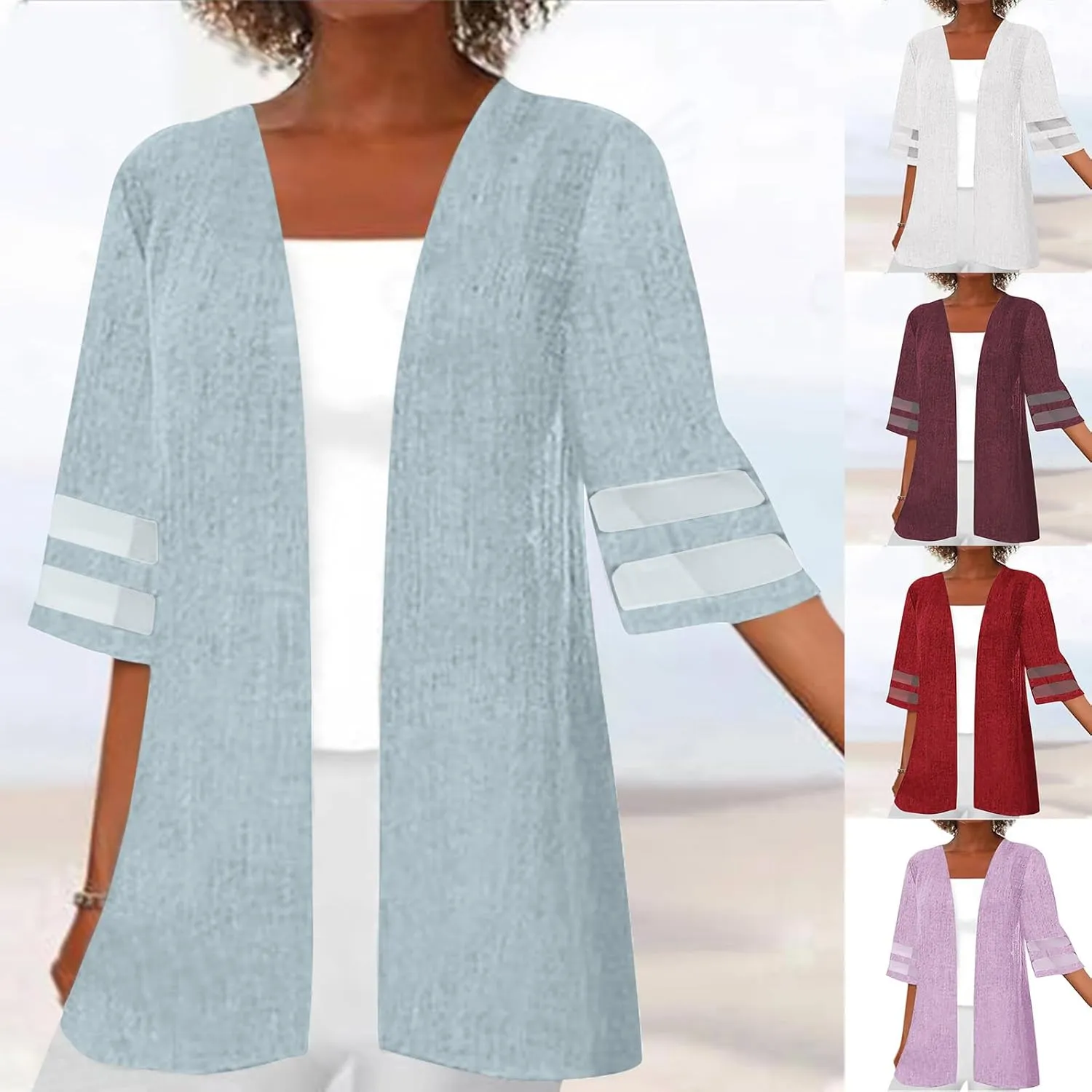 HGps8w Womens Kimono Cardigan Mesh Splicng Half Sleeve Lightweight Summer Beach Cover Ups Loose Open Front Sun Shirts Blouses