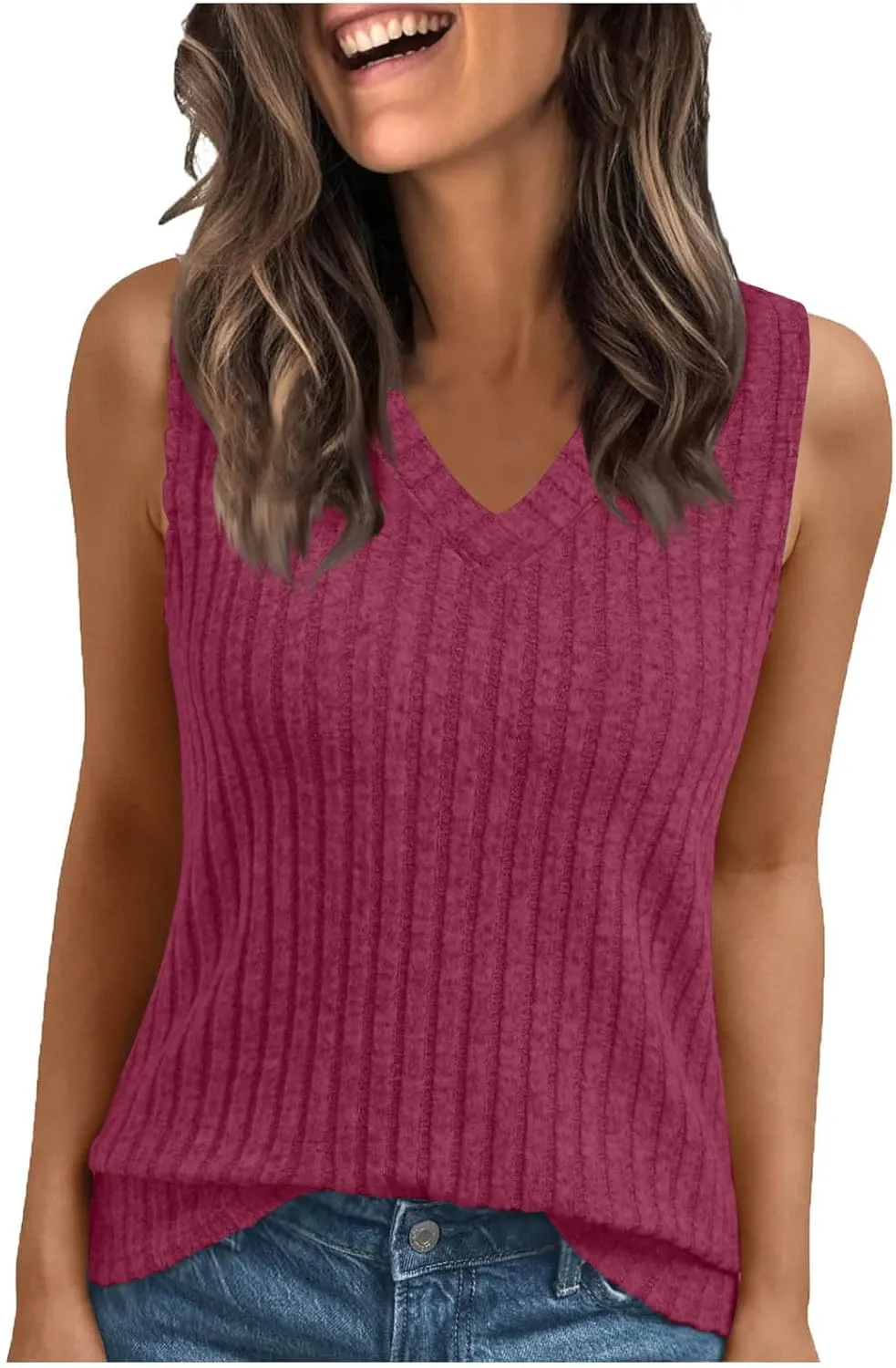 HGps8w Women's Ribbed Tank Tops Summer Casual Basic Solid V Neck Sleeveless Tshirts Pullover Loose Blouse