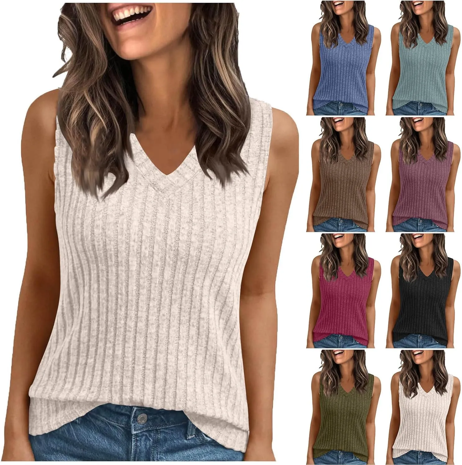 HGps8w Women's Ribbed Tank Tops Summer Casual Basic Solid V Neck Sleeveless Tshirts Pullover Loose Blouse