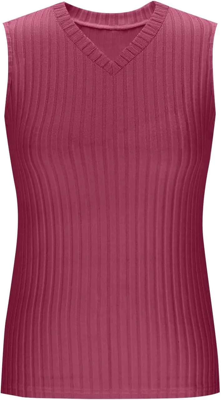 HGps8w Women's Ribbed Tank Tops Summer Casual Basic Solid V Neck Sleeveless Tshirts Pullover Loose Blouse