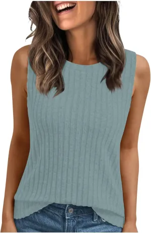 HGps8w Women's Ribbed Tank Tops Summer Casual Solid Crew Neck Sleeveless Loose Tees Shirts Tunic Blouse