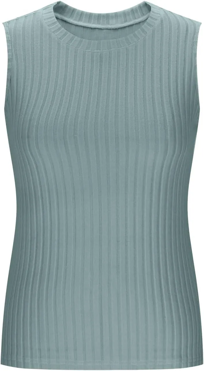 HGps8w Women's Ribbed Tank Tops Summer Casual Solid Crew Neck Sleeveless Loose Tees Shirts Tunic Blouse