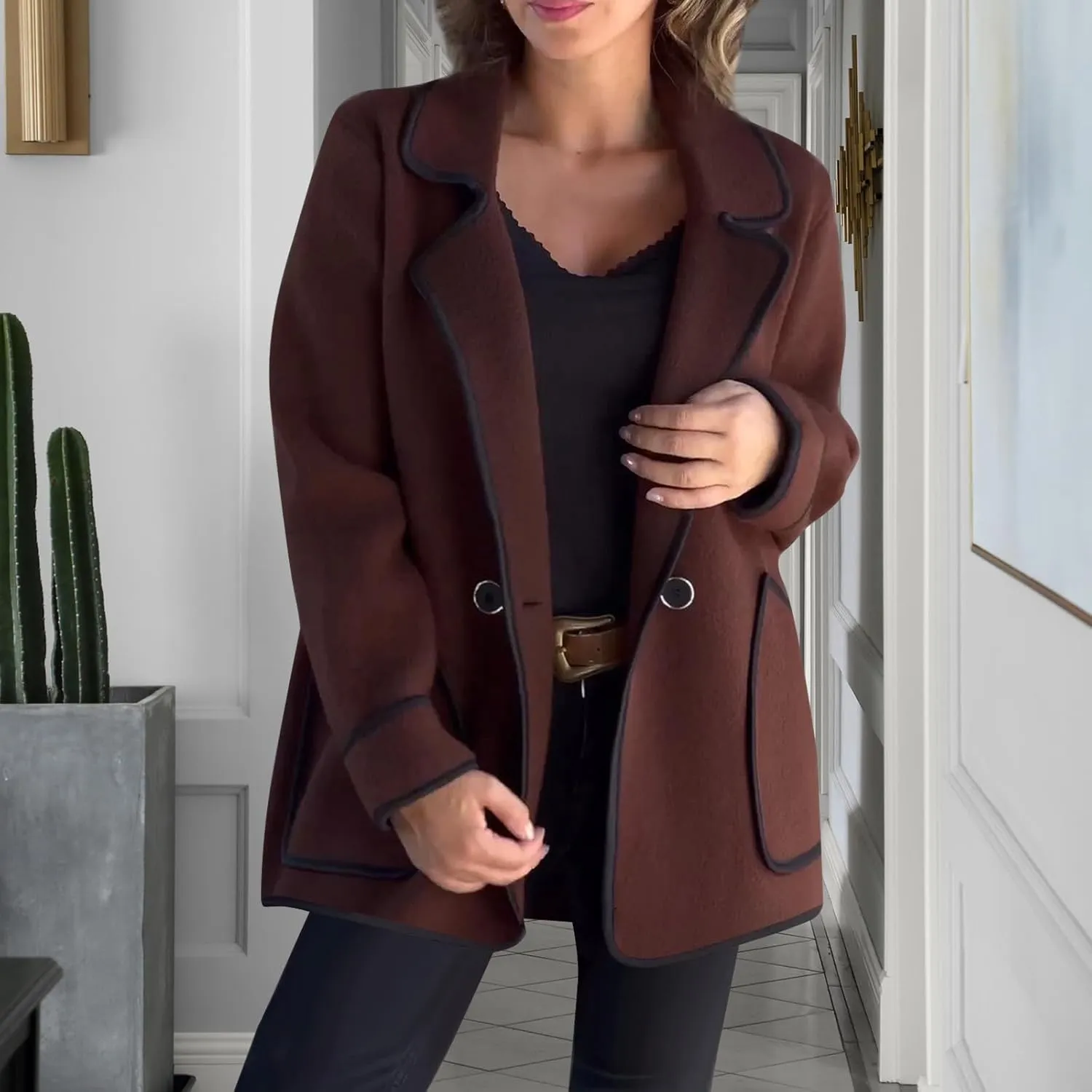 hlysgo Women's Peacoat Wool Blend Double Breasted Blazers Long Sleeve Casual Fall Jackets Spring Outwear with Pockets