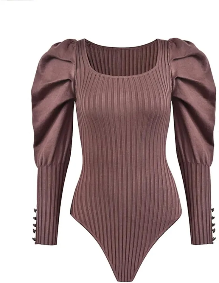 Hndudnff Solid Knit Bodysuits Women Square Collar Puff Sleeve Bodysuit Slim Office Jumpsuit Top
