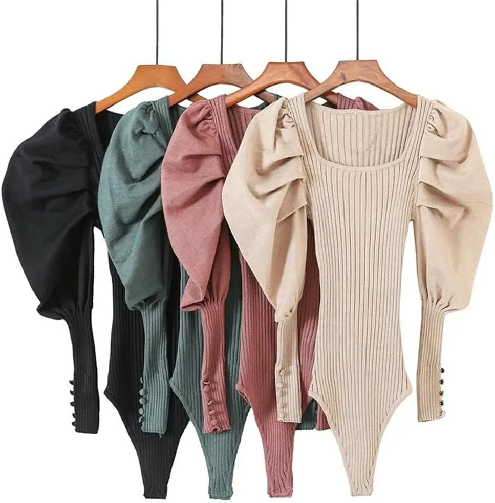 Hndudnff Solid Knit Bodysuits Women Square Collar Puff Sleeve Bodysuit Slim Office Jumpsuit Top
