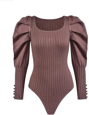 Hndudnff Solid Knit Bodysuits Women Square Collar Puff Sleeve Bodysuit Slim Office Jumpsuit Top