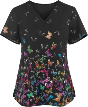 HXHYQKP Womens Scrub Tops Stretchy Nurse Scrubs Work Uniform Plus Size Nursing Scrubs with Pockets Happy New Year 2025