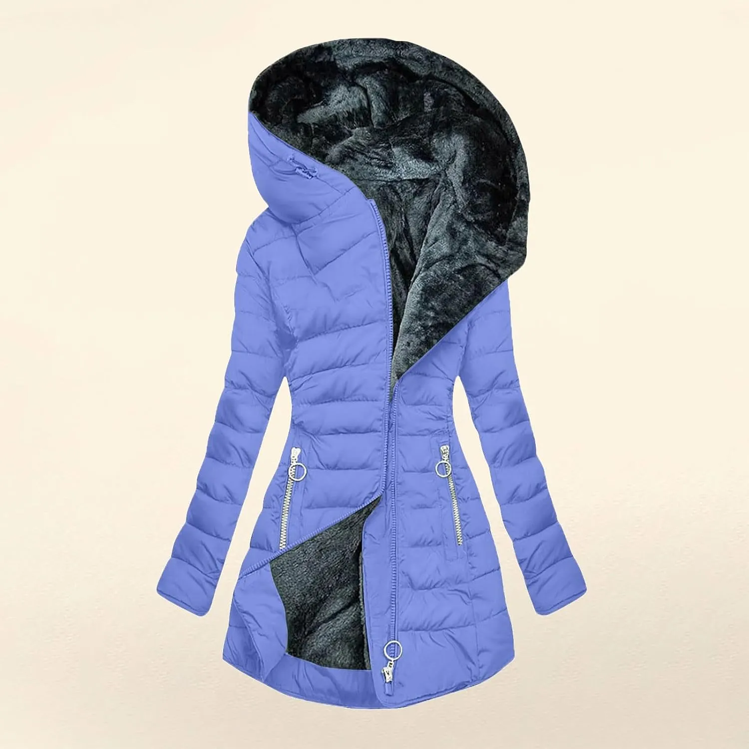 Jackets for Women Fleece Lined Parkas Hooded Long Winter Coat Warm Lightweight Puffer Jacket with Zipper Pockets