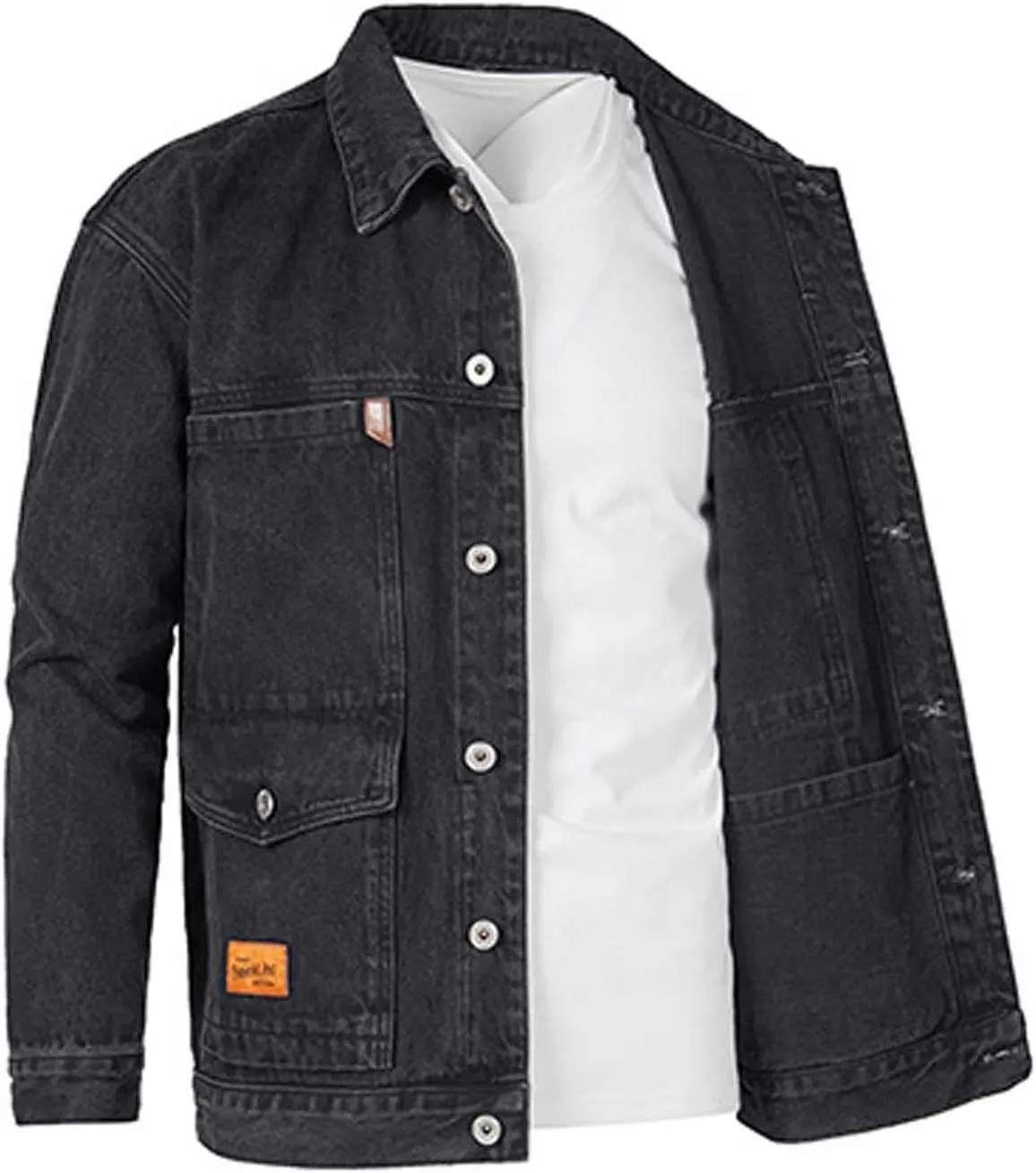 Jean Jacket For Men Lapel Collar Button Down Multi-Pocket Washed Distressed Denim Trucker Coat Motorcycle Outerwear