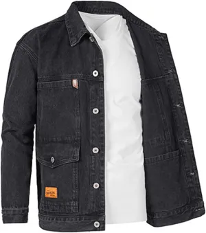 Jean Jacket For Men Lapel Collar Button Down Multi-Pocket Washed Distressed Denim Trucker Coat Motorcycle Outerwear