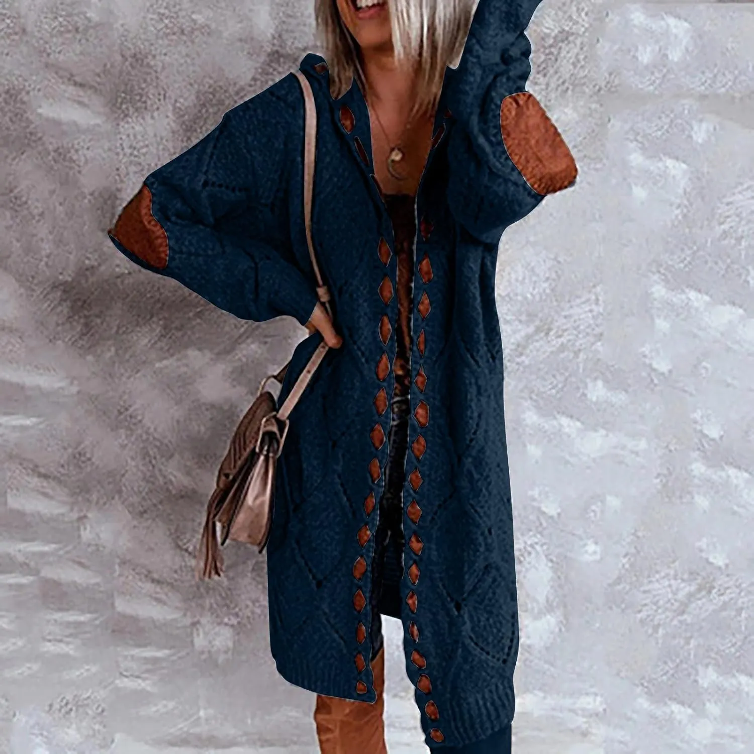JEGULV Cardigan Sweaters for Women with Hooded Chunky Knit Sweaters Open Front Long Outwear Cardigan Solid Color Overcoats
