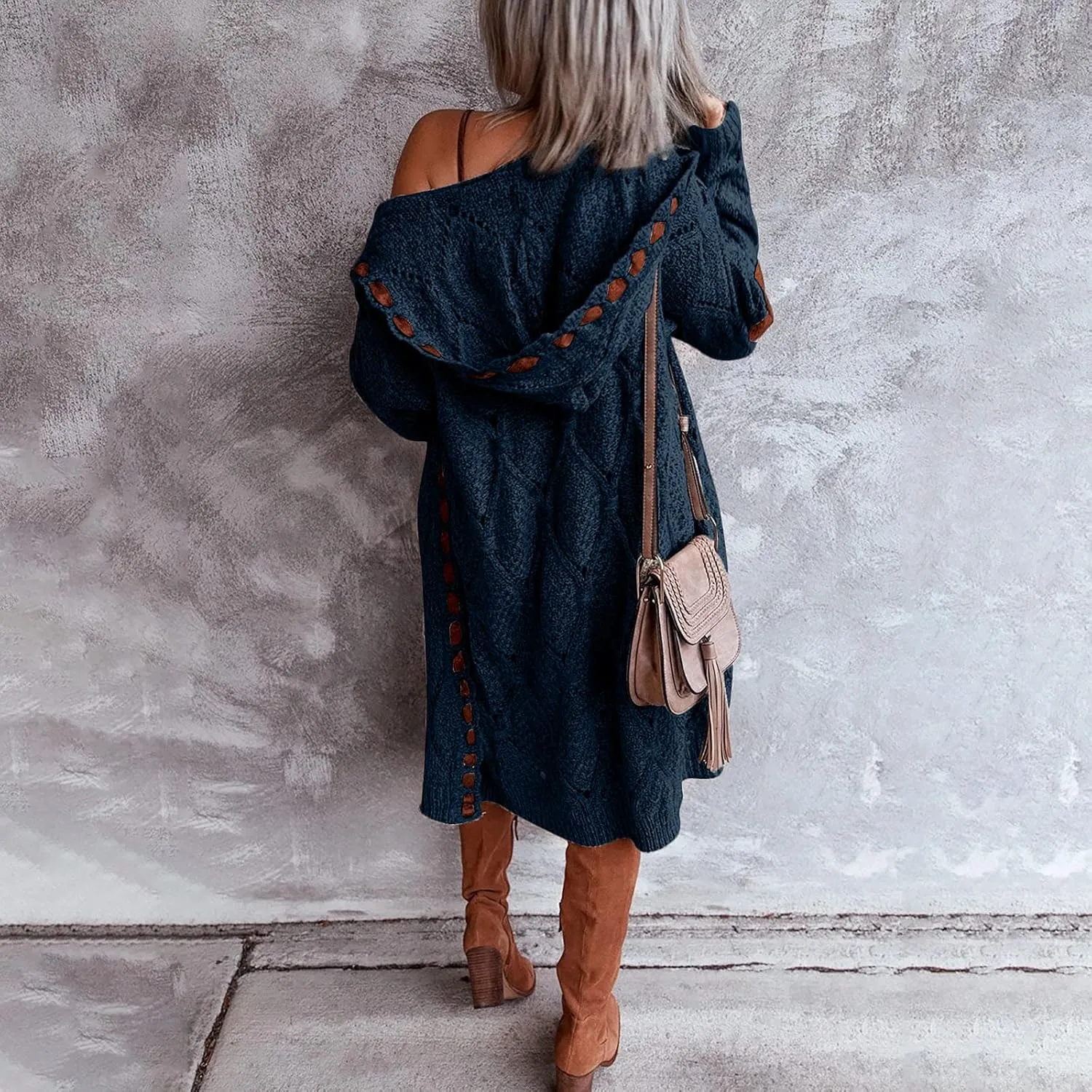 JEGULV Cardigan Sweaters for Women with Hooded Chunky Knit Sweaters Open Front Long Outwear Cardigan Solid Color Overcoats