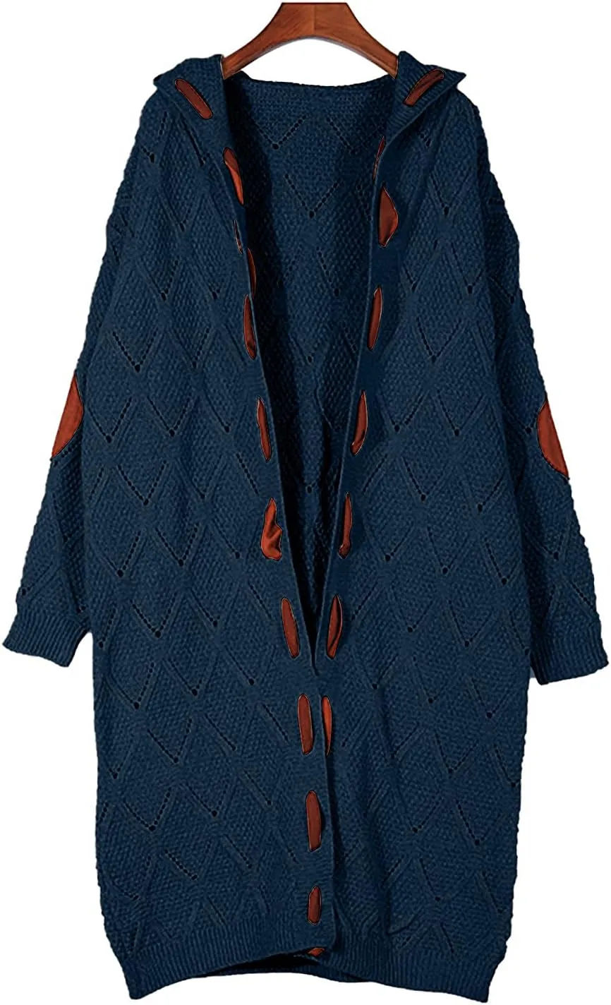 JEGULV Cardigan Sweaters for Women with Hooded Chunky Knit Sweaters Open Front Long Outwear Cardigan Solid Color Overcoats