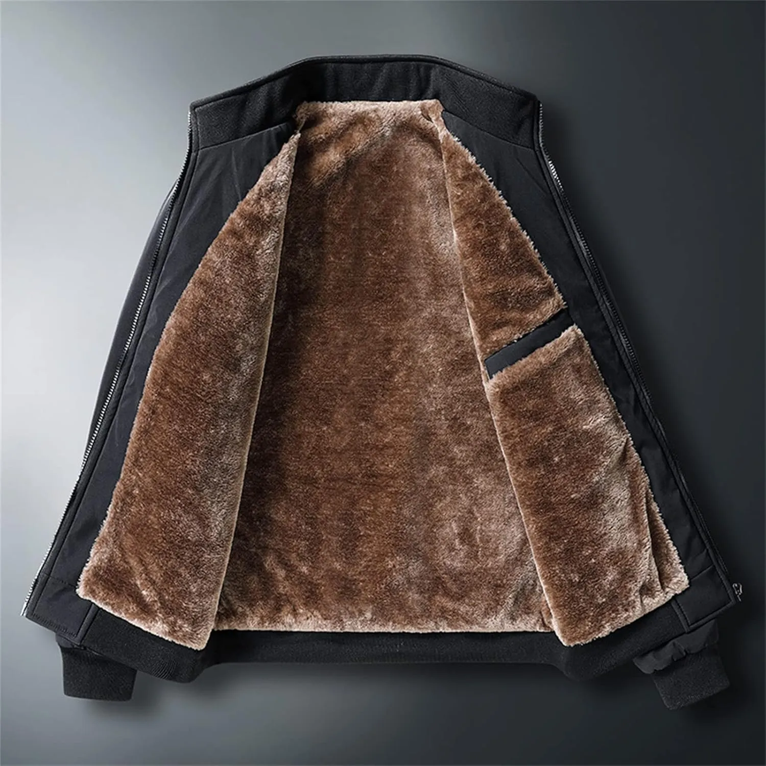 JEShifangjiusu Men'S Plus Velvet Padded Zipper Winter Warm Solid Fleece Jacket Stand Collar Pocket Heavy Loose Coat