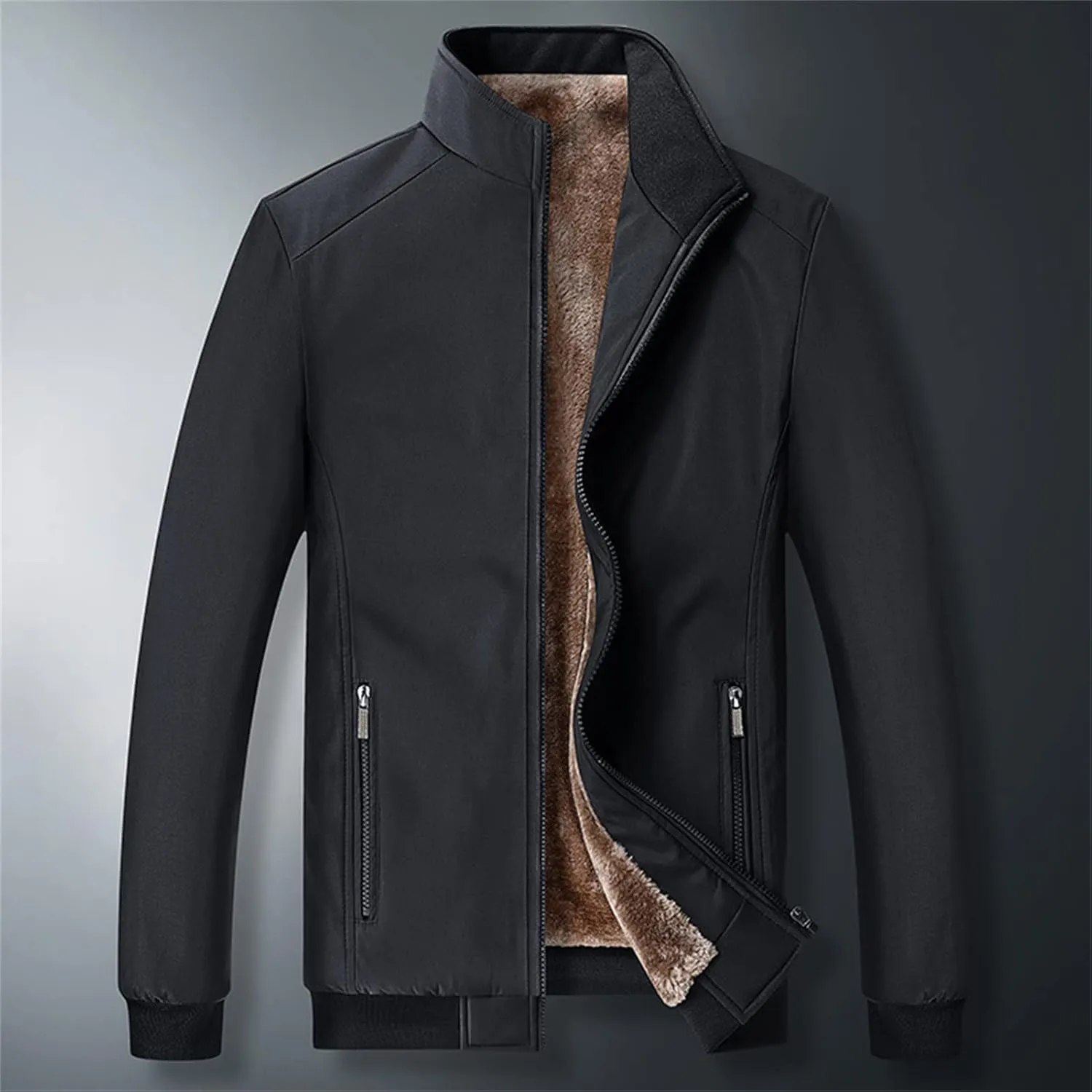 JEShifangjiusu Men'S Plus Velvet Padded Zipper Winter Warm Solid Fleece Jacket Stand Collar Pocket Heavy Loose Coat