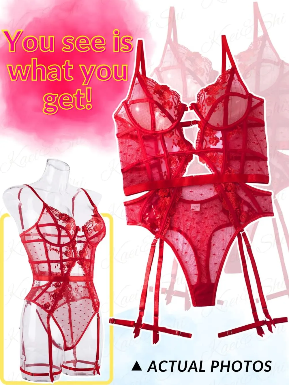 Kaei&Shi Floral Embroidered, Underwire, Removable Garter, Thigh Straps, Backless Bodysuit