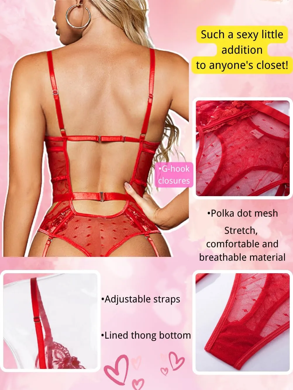 Kaei&Shi Floral Embroidered, Underwire, Removable Garter, Thigh Straps, Backless Bodysuit