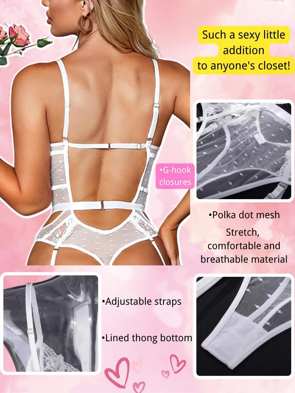 Kaei&Shi Floral Embroidered, Underwire, Removable Garter, Thigh Straps, Backless Bodysuit