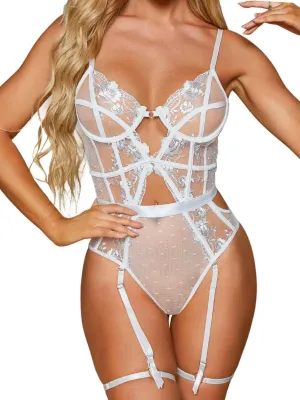 Kaei&Shi Floral Embroidered, Underwire, Removable Garter, Thigh Straps, Backless Bodysuit