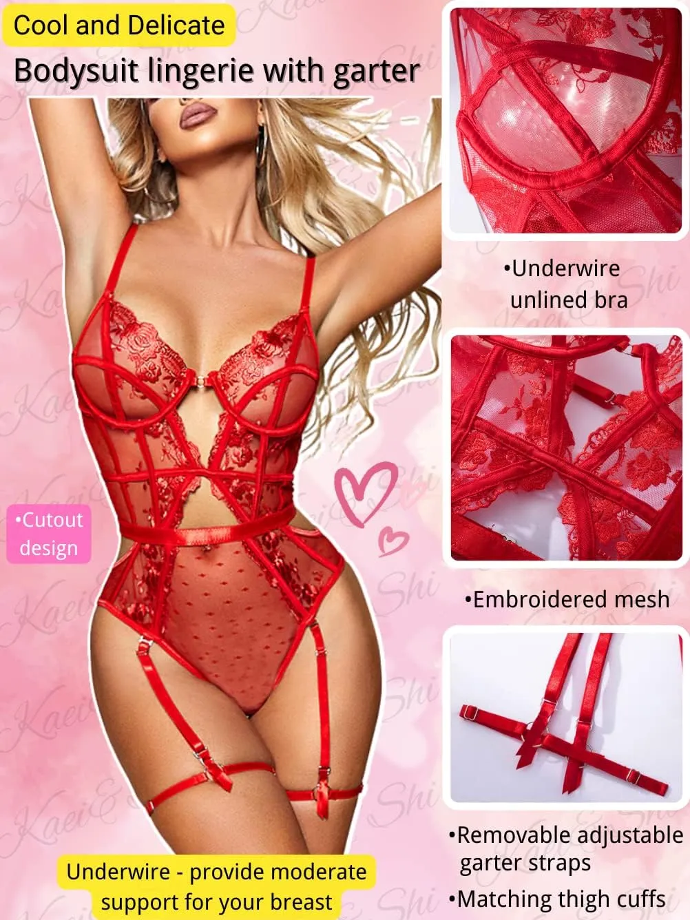Kaei&Shi Floral Embroidered, Underwire, Removable Garter, Thigh Straps, Backless Bodysuit