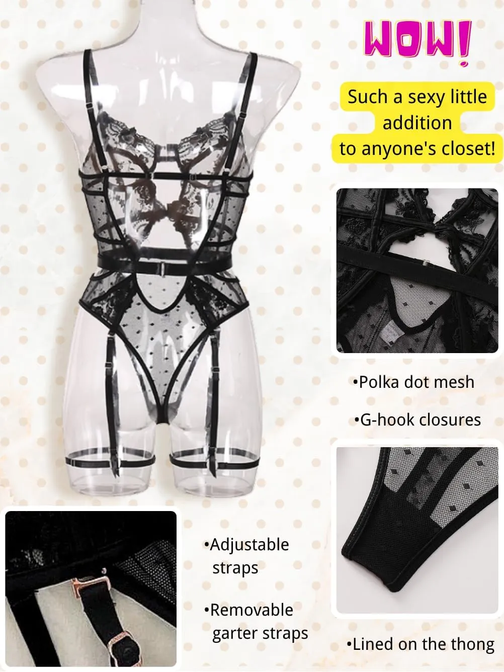 Kaei&Shi Floral Embroidered, Underwire, Removable Garter, Thigh Straps, Backless Bodysuit