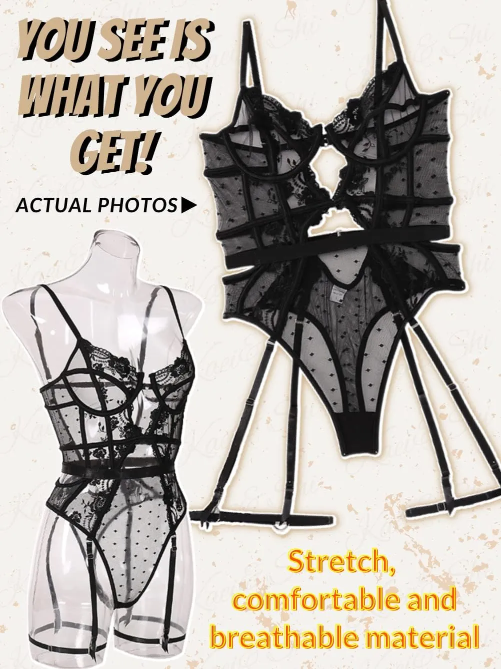 Kaei&Shi Floral Embroidered, Underwire, Removable Garter, Thigh Straps, Backless Bodysuit